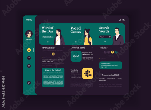 Online encyclopedia tablet interface vector template. Mobile app page night mode design layout. Word games screen. Flat UI for application. Fun internet learning. Portable device display