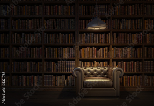Reading room in old library or house.Vintage style leather armchair with ceiling lamp.Night scene room.3d rendering