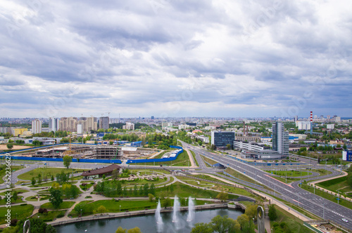 Top view of the city landscape. Buildings and roads in summer. 24 May 2020. Minsk. Belarus
