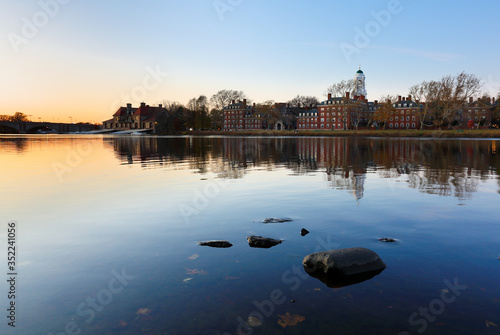 The Eliot House on the campus of Harvard University after sunset. Harvard University is a private Ivy League research university in Cambridge, Massachusetts