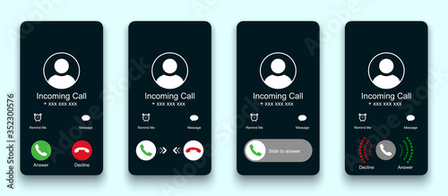 Mobile call screen template. Call screen smartphone interface mockup. Phone mockup contact with handset icon, flat person icon, take a phone, incoming call, answer and decline phone call buttons