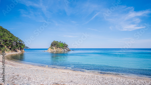 The Beach of Paolina on Elba island in Italy without people. Tuscan Archipelago national park. Mediterranean sea coast. Vacation and tourism concept.