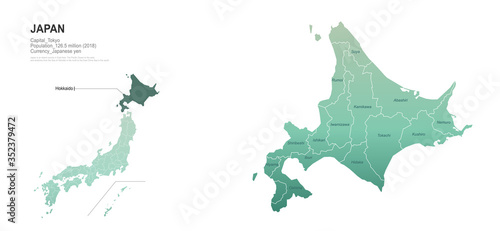 hokkaido map. japan provinces map. vector map of japanese rigion.