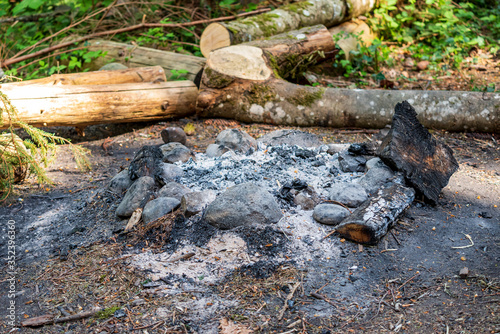 fire place bbq in forest with stones and ashes