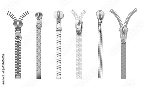 Silver zippers. Isolated realistic metal pull. Cloth fasteners, accessories for jeans, bags, coats and boots. Garments elements vector set. Fastener zip and accessories lock metal illustration