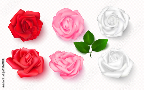 Set of rose buds on a transparent background. 3D flowers for cards, banners, invitations. Vector illustration.