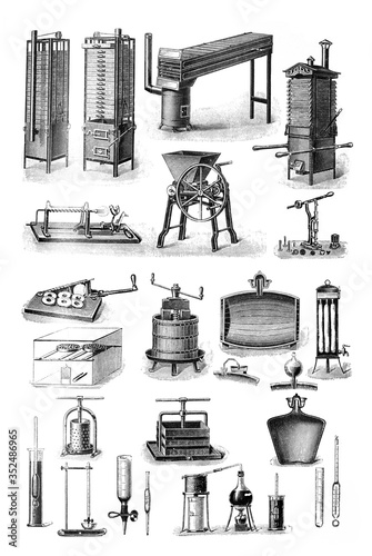 Collection of Antique fruit and food processing machines (pickle vegetables) pickled vegetables for preserved food. / Antique engraved illustration from Brockhaus Konversations-Lexikon 1908 