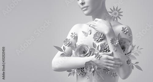 3d render, floral female bust, white mannequin covered with delicate paper flowers, woman silhouette isolated on white background. Breast cancer support. Wedding fashion. Modern botanical sculpture