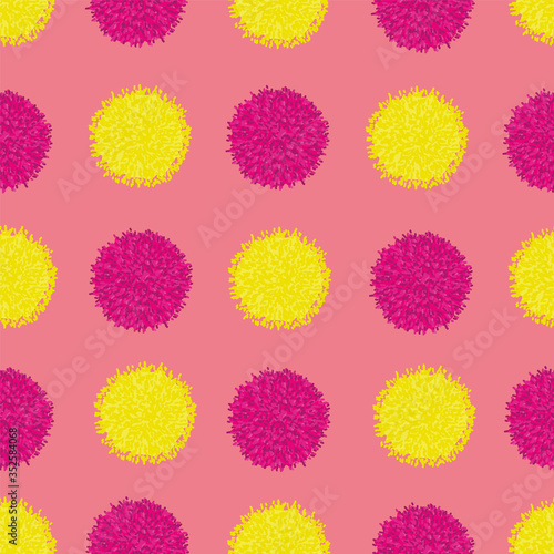 Vector seamless pattern, pom pom, bobble, yellow and pink on trendy pink. Repeating pattern.