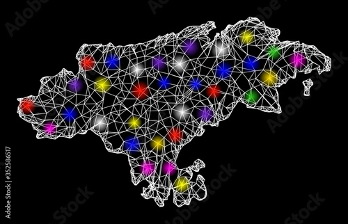 Web mesh vector map of Cantabria Province with glare effect on a black background. Abstract lines, light spots and points form map of Cantabria Province constellation.