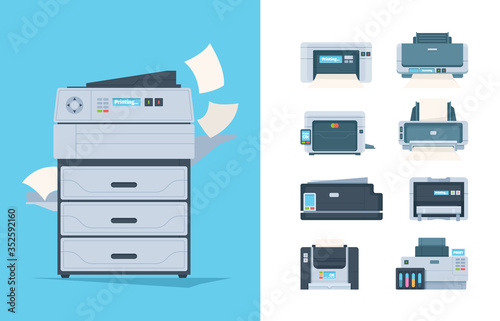 Copy machines. Different printers pc terminal of copying technics components fax printing house gadgets vector flat pictures. Photocopier and publishing photocopy, colorful ink-jet illustration