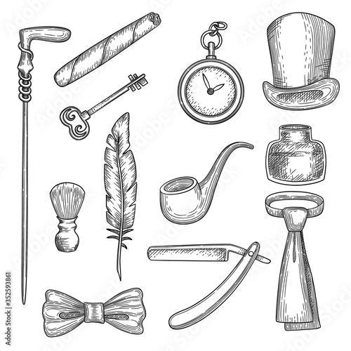 Gentleman set. Retro hand drawn collection of man clothes and accessories whiskey clock smoking cylinder cutthroat vector fashion illustration. Gentleman clothing and fashion, cigar and bowler