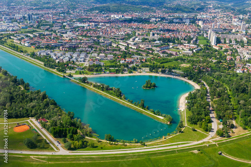 Aerial view of the Lake Jarun in Zagreb, Croatia