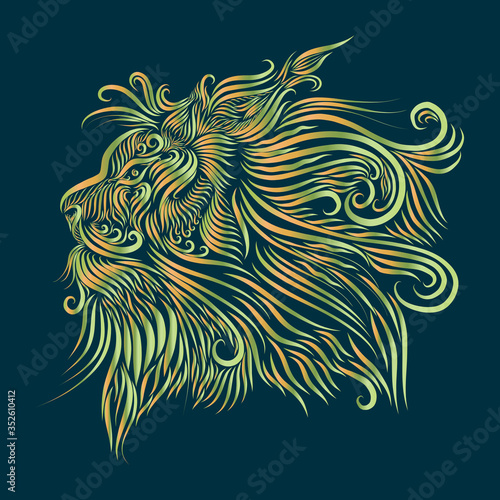 abstract muzzle head portrait of a lion long thin fluffy curls of hair mane yellow and green on a turquoise background