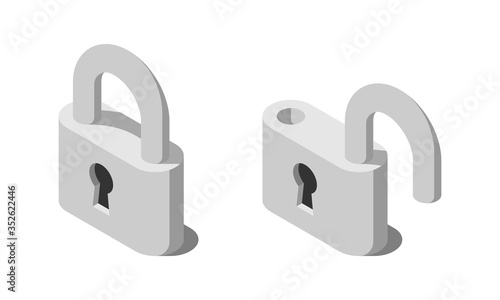 Isometric lock and unlock vector icon.