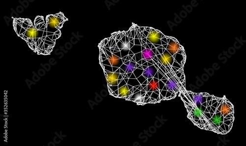 Web mesh vector map of Tahiti and Moorea islands with flare effect on a black background. Abstract lines, light spots and circle dots form map of Tahiti and Moorea islands constellation.