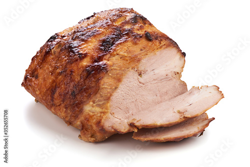 Baked pork roast, spicy glazed meat, isolated on white background