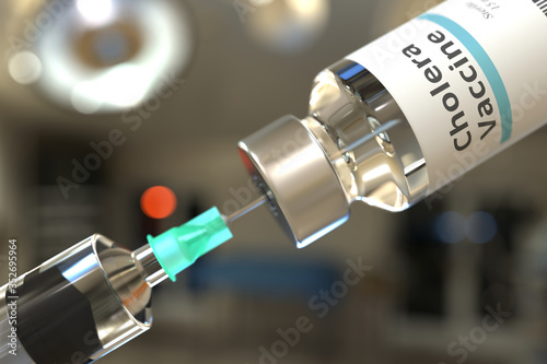 Medical bottle with cholera vaccine and syringe, 3D rendering