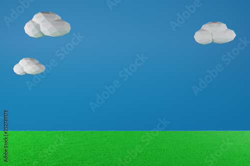 Grass Field and sky.Old video game. retro style Background.3D Render illustration.