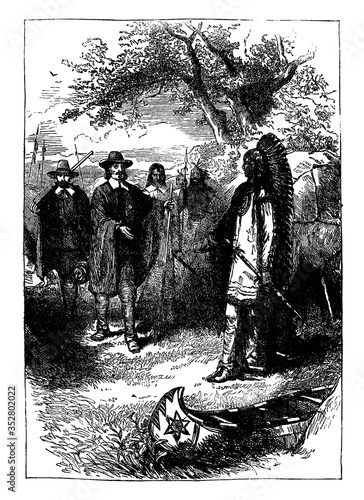 Pilgrim and Native American, vintage illustration.