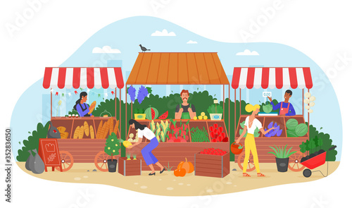 Organic food farm market vector illustration. Cartoon flat farmer seller character selling fresh harvest fruit and vegetable at street marketplace stall, people in local street fair isolated on white