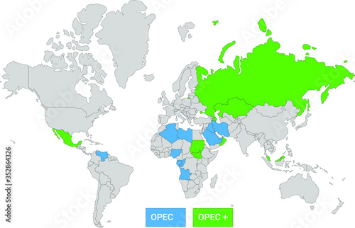 Map of world with opec countries and opec + countries