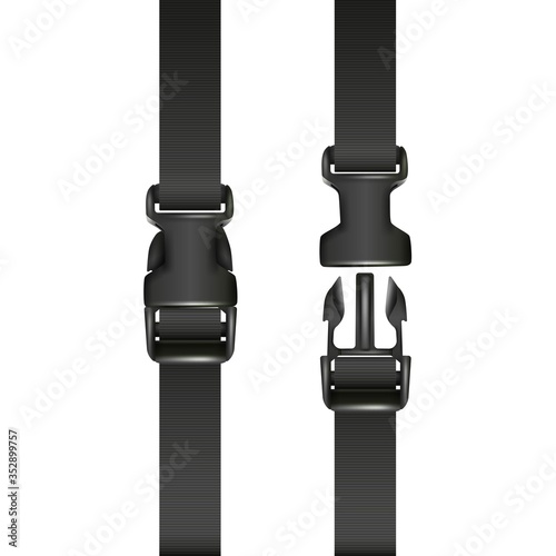 Vector 3d realistic black dual quick release buckle, closed and opened. Isolated on white background.
