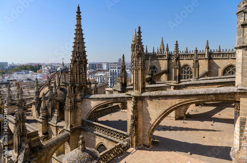 Roof of Seville Cathedral - Wide-angle view of the architectural elements - pinnacles, buttresses and flying buttresses of the lateral naves on the roof of Seville Cathedral. Seville, Andalusia, Spain