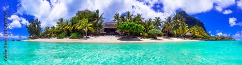 Stunning tropical beach scenery. Paradise island Mauritius, panoramic view of Le Morne beach
