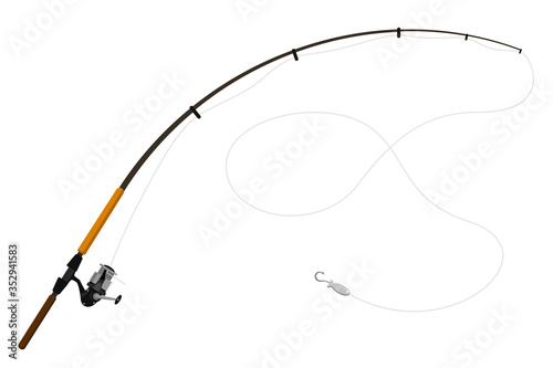 Spinning fishing rod with reel and baubles on a white background