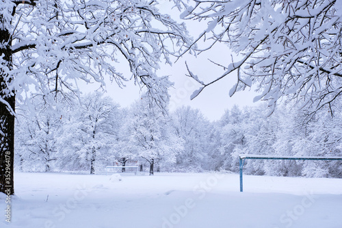 A football field in a city park surrounded by trees littered with snow after snowfall.