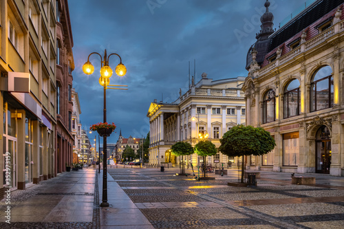 Wroclaw, Poland, View of pedestrian Swidnicka street at dusk close to Wroclaw Opera building
