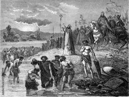 Charlemagne having the Saxons baptized in the Weser, vintage illustration.