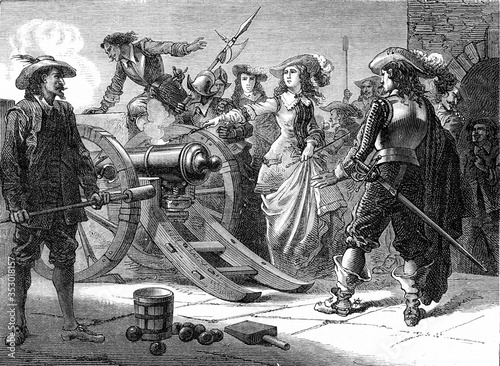 Mademoiselle turns the canons of the Bastille against the army of the king, vintage illustration.