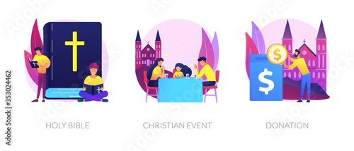 Church congregation lifestyle symbols. Sacred book, religious ceremonies and financial contribution. Holy bible, christian event, donation metaphors. Vector isolated concept metaphor illustrations