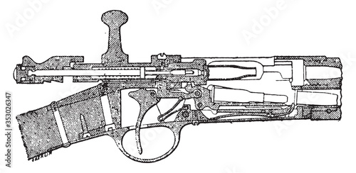 French rifle model 1886 (lebel) section of mechanism at the time of extraction, vintage illustration.