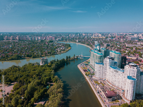 Russioa, Krasnodar cityscape and Kuban river from aerial view. Krasnodar region, Russia