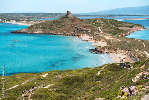 Sardegna, panorama costiero di Capo San Marco e Tharros, a Cabras, Italia