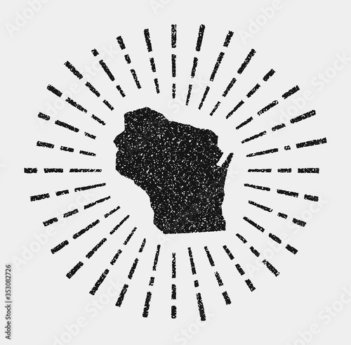 Vintage map of Wisconsin. Grunge sunburst around the us state. Black Wisconsin shape with sun rays on white background. Vector illustration.