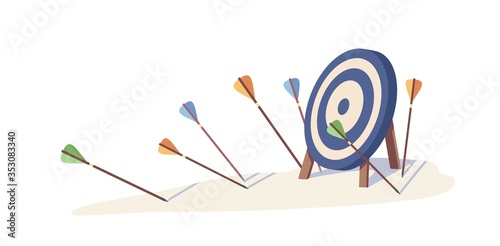 Multiple arrow missed hitting target mark isolated on white background. Fail archery goal inaccurate to purpose vector illustration. Concept of business failure, mistake strategy and loss opportunity