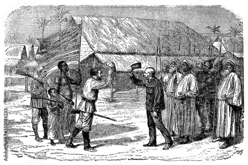 Henry Stanley found Dr. David Livingstone on 10 November 1871 in Ujiji, near Lake Tanganyika. Illustration of the 19th century. White background.