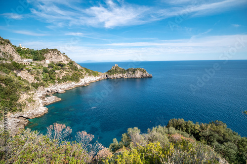 Promontory and tower of Capo di Conca in the municipality of Conca dei Marini. Coastal tower on the mediterranean sea. Amalfi Coast, Salerno, Campania, Italy