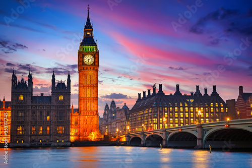 Big Ben and westminster bridge at dusk in London