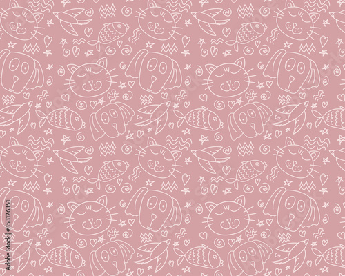 Seamless vector pattern with animals on a pink background. Hand drawing doodle with pets.