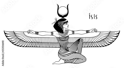 Isis, goddess of life and magic in Egyptian mythology. One of the greatest goddesses of Ancient Egypt, protects women, children, heals sick. Vector isolated illustration in black and white. Winged