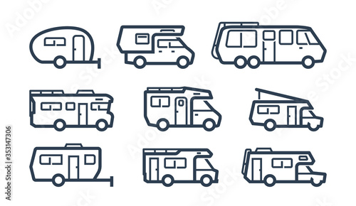 RV Cars, Recreational Vehicles, Camper Vans Icons in Outline Style