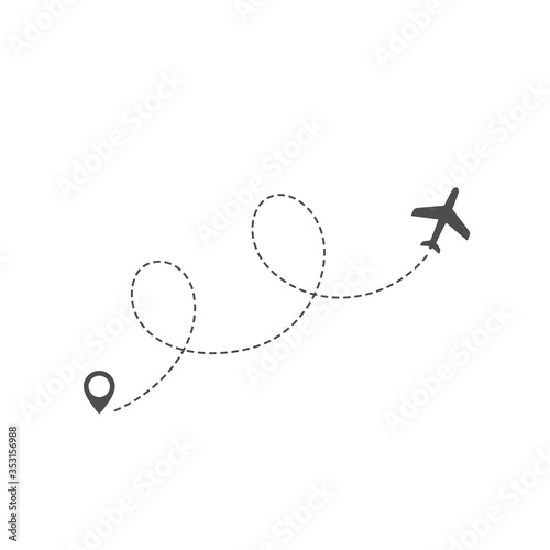 Airplane route or flight path trace in dashed line with location pin vector illustration.