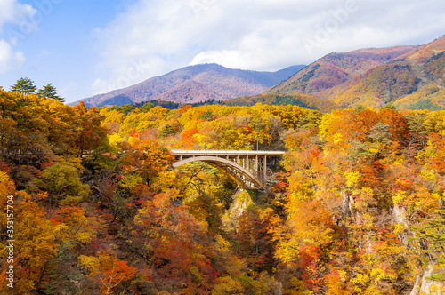 View of a bridge in crossing the Naruko Gorge near Sendai, Miyagi, Japan with trees with autumn color maple leaves all over the mountain in a sunny day