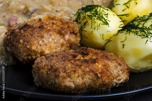 kotlet mielony z ziemniakami, jedzenie, posiłek, obiad, dania, wieprzowina, smażone, jarzyna, kotlet, grilla, lunch, gotowanie, delikatesowy, kartofel, piec, knajpa, gotowane