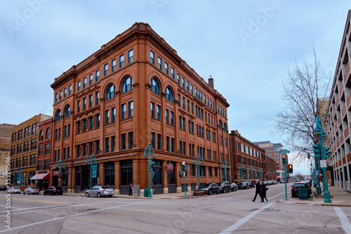 Minnesota / USA - 1 Nov 2019: Red building with green windows